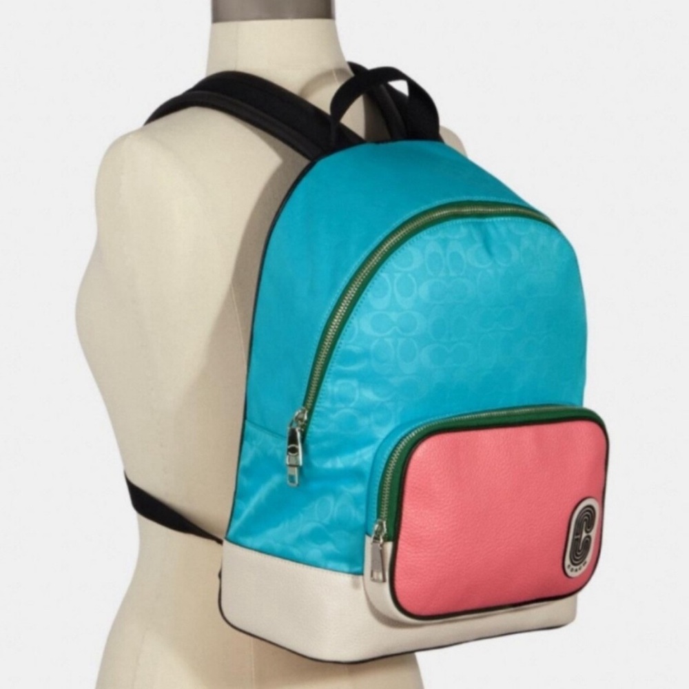 Coach Court Backpack In Color Block Large Style 2908 Teal/Coral Cream EUC